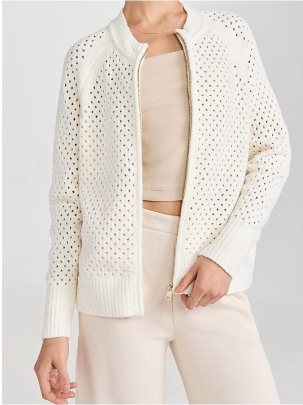 Varley Marta Boucle Openwork Knit Jacket with Full Zip Front